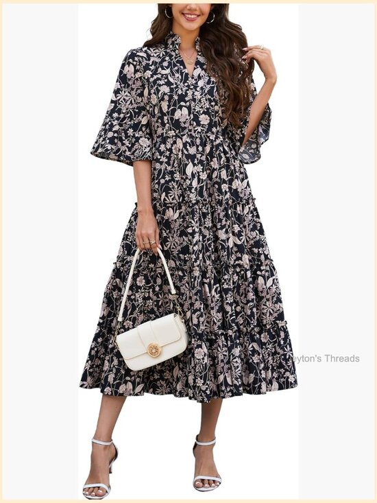 Dresses & Skirts - Women's Floral Ruffle Midi Dress V Neck Bell Sleeve Flowy Tiered Long Dress